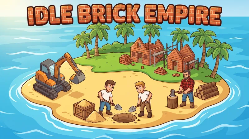 Concept art: an island with brick houses under construction, an excavator, two workers digging and a lumberjack.
