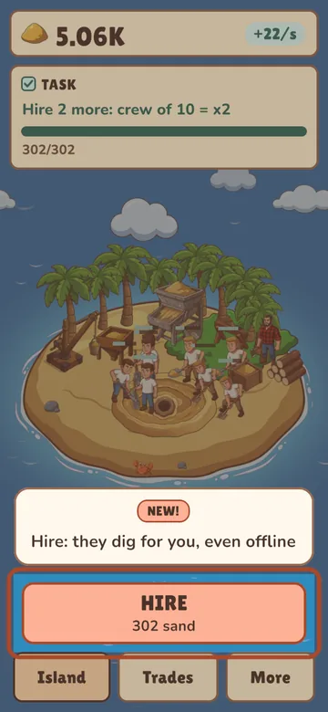 The game on a phone: a sand island with palm trees, workers digging, an excavator and a Hire button.