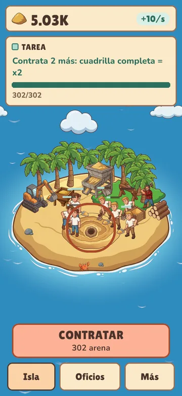 El juego en un móvil: una isla de arena con palmeras, trabajadores cavando, una excavadora y el botón Contratar.