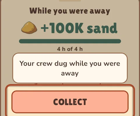 A "While you were away" panel that gives 86.4K sand and a Collect button.