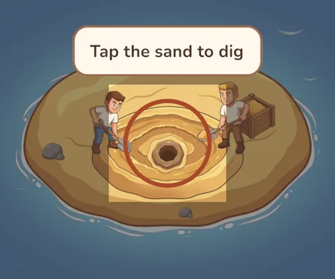 A tiny sand island with two workers digging a hole.