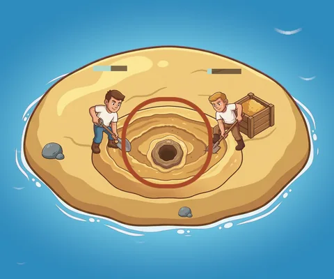 Una isla de arena diminuta con dos trabajadores cavando un hoyo.