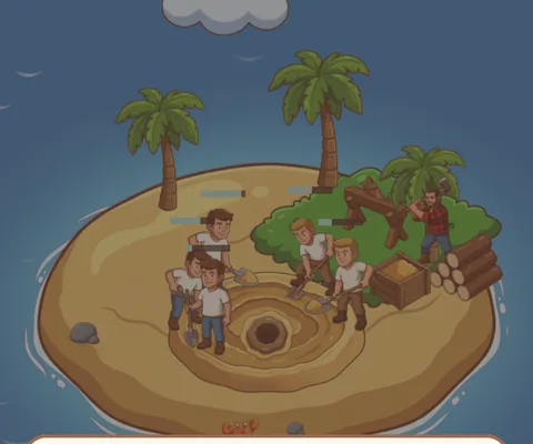 A bigger island with palm trees, five workers and a lumberjack.