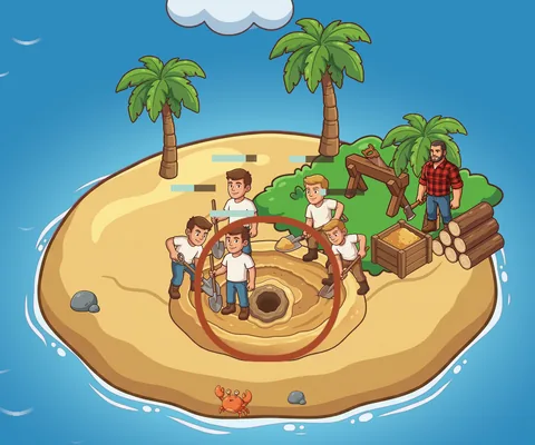 Una isla más grande con palmeras, cinco trabajadores y un leñador.